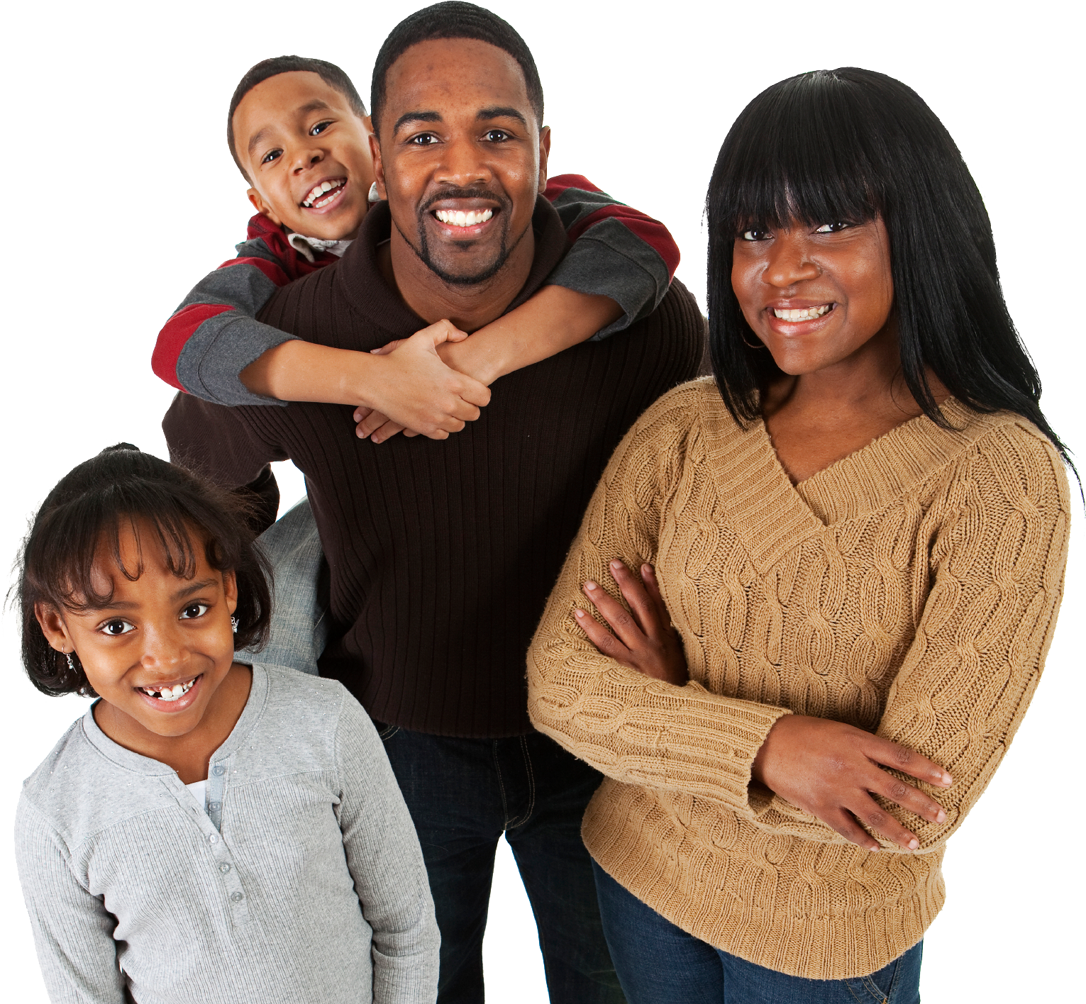 mom and dad with two young children transparent background